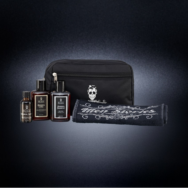 une trousse complète avec 1 barber Shampoo 100 ml + 1 barber care 100 ml + 1 sérum 30 ml + une serviette offerte