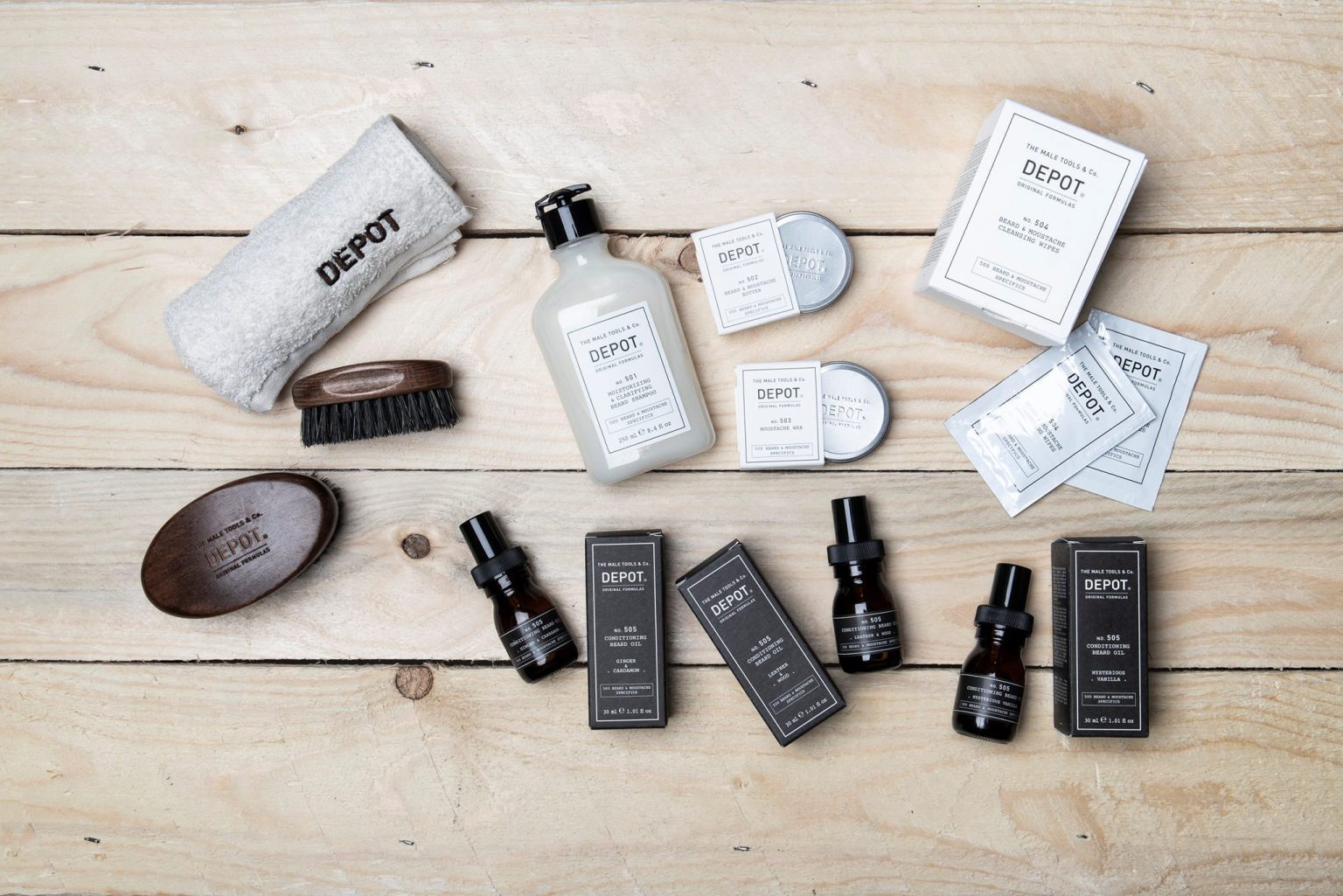 No. 501 : Shampooing barbe No. 502 : Cire barbe et moustache No. 503 : Wax moustache No. 504 : Lingettes jetables désinfectantes pour barbe et moustache No. 505 : Huile nourrissante pour barbe