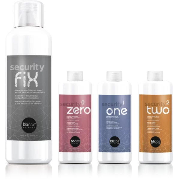 La permanente pour donner aux cheveux bouclés la bonne forme. Quatre formulations, étudiées en laboratoire, donnent vie à cinq produits professionnels capables de traiter tout type de cheveux. Security Perm est un traitement sûr et durable grâce à sa formulation spéciale contenant des dérivés de cystéine.