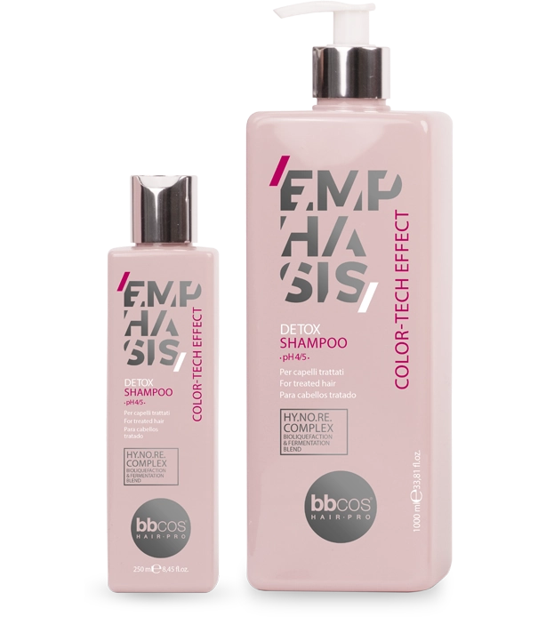 Color-tech Shampoo - Emphasis, appelé également Detox Shampoo est le shampooing révolutionnaire spécialement conçu pour répondre aux besoins des cheveux colorés, décolorés et soumis à des traitements techniques.
