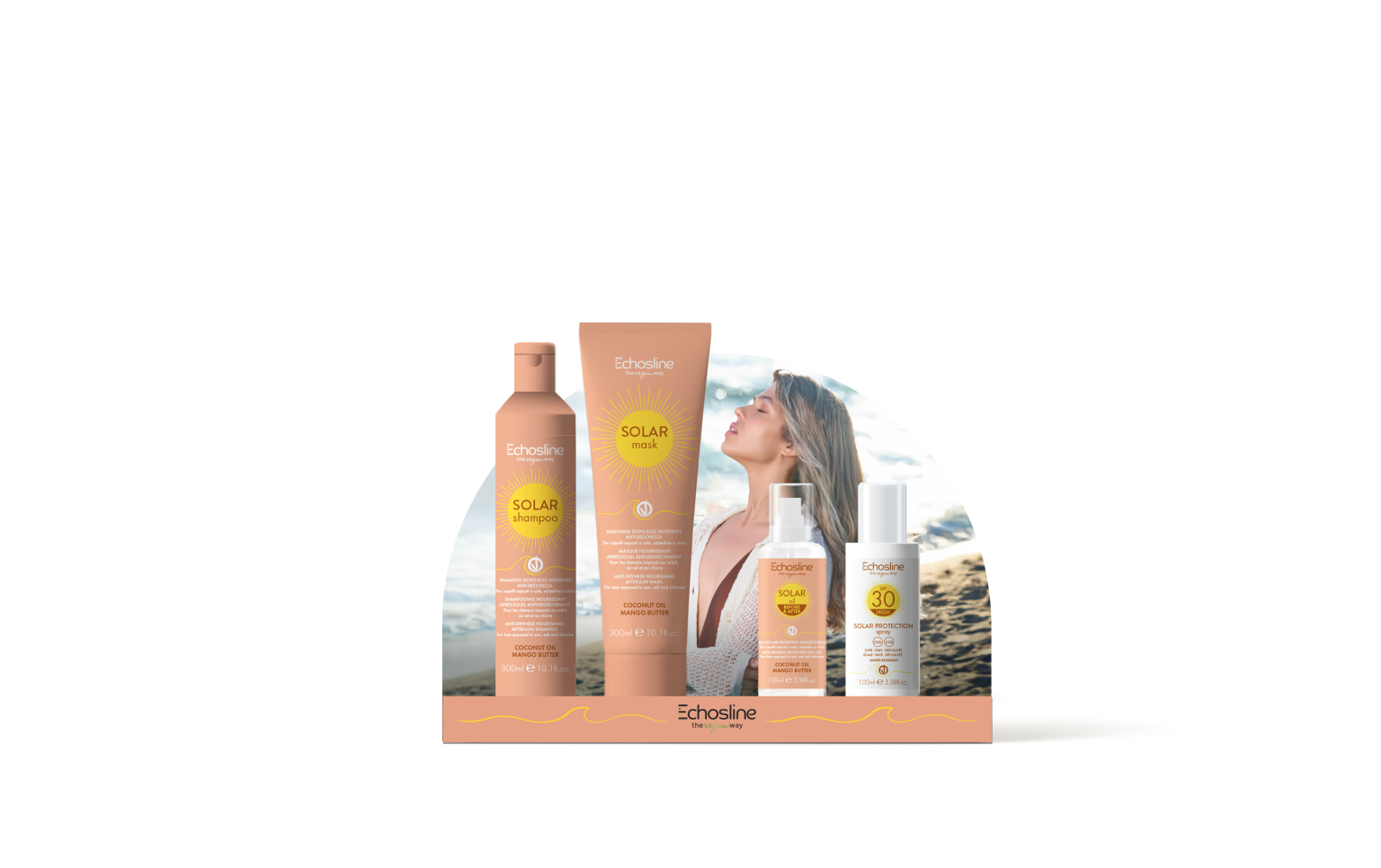 Offrez à vos cheveux et à votre peau la meilleure protection cet été avec la Gamme SOLAR d’Echosline, une édition limitée pensée pour les besoins spécifiques après une exposition au soleil, au sel et au chlore. Formulée avec du **beurre de mangue** et de l’**huile de coco**, cette gamme hydrate, protège et sublime.
