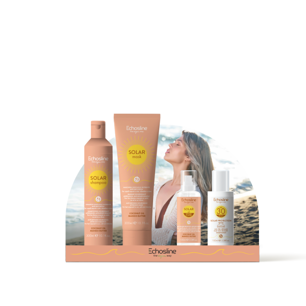 Offrez à vos cheveux et à votre peau la meilleure protection cet été avec la Gamme SOLAR d’Echosline, une édition limitée pensée pour les besoins spécifiques après une exposition au soleil, au sel et au chlore. Formulée avec du **beurre de mangue** et de l’**huile de coco**, cette gamme hydrate, protège et sublime.